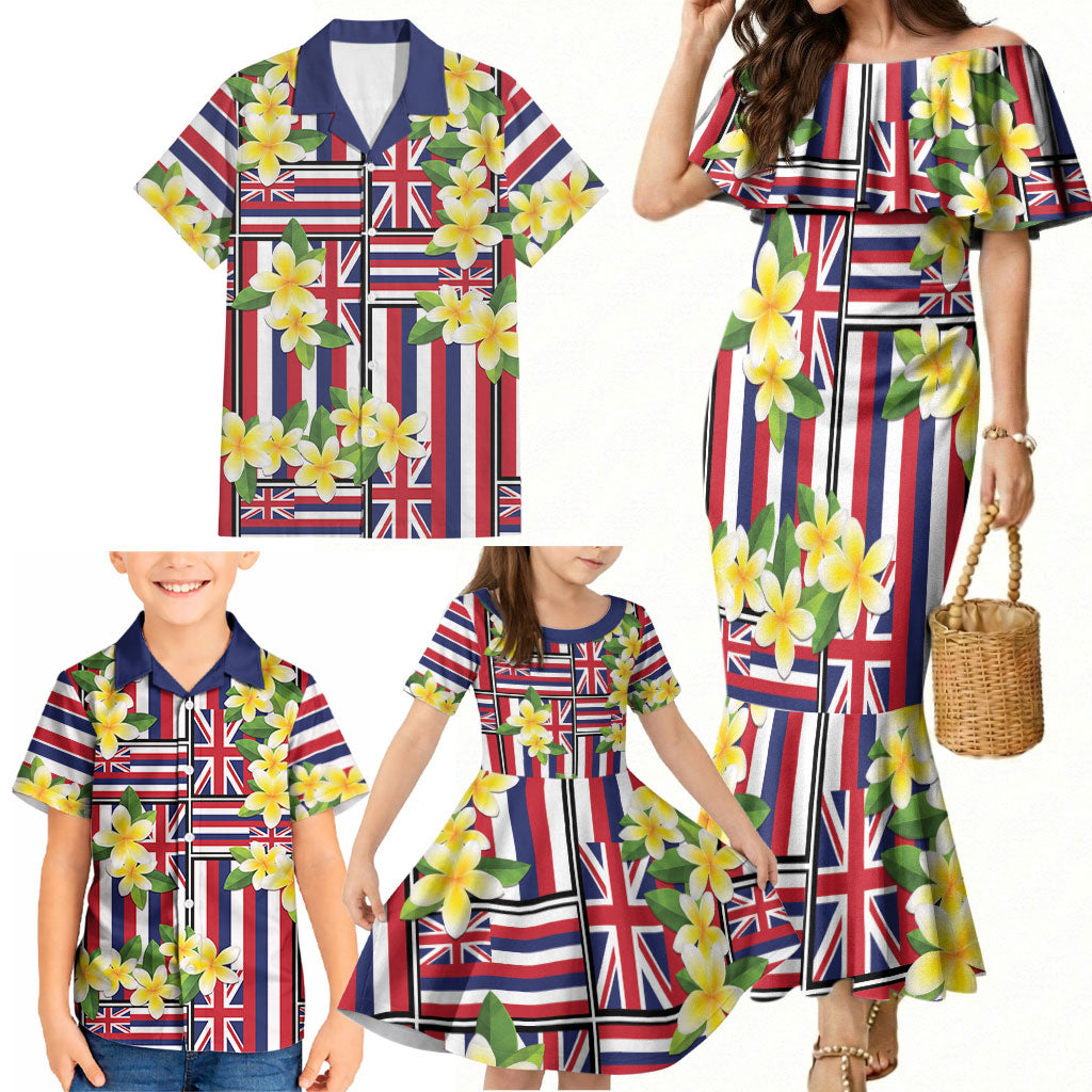 Hawaii Plumeria Lei Family Matching Mermaid Dress and Hawaiian Shirt Hawaiian Flag Motif LT9 - Polynesian Pride