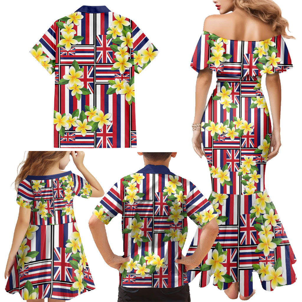 Hawaii Plumeria Lei Family Matching Mermaid Dress and Hawaiian Shirt Hawaiian Flag Motif