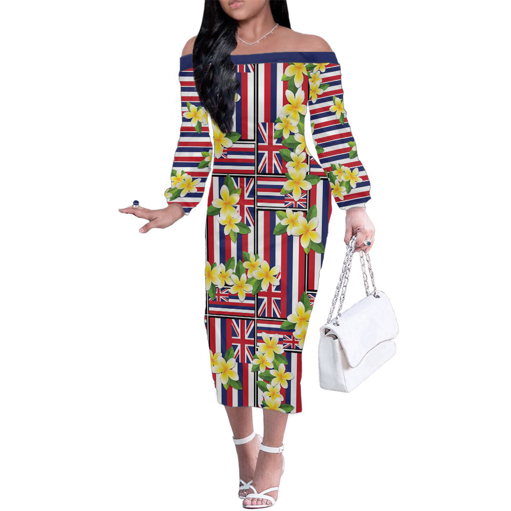 Hawaii Plumeria Lei Family Matching Off The Shoulder Long Sleeve Dress and Hawaiian Shirt Hawaiian Flag Motif