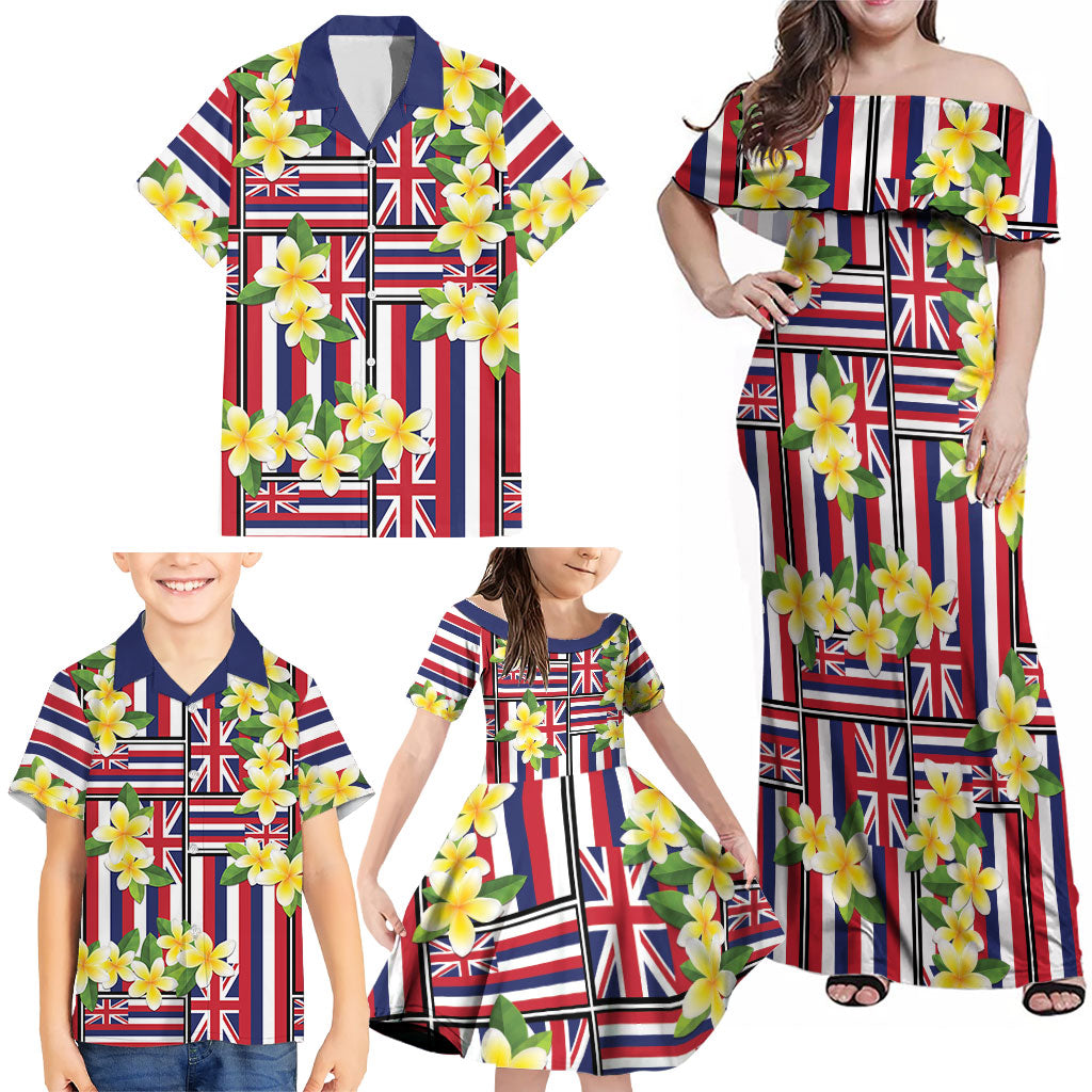 Hawaii Plumeria Lei Family Matching Off Shoulder Maxi Dress and Hawaiian Shirt Hawaiian Flag Motif
