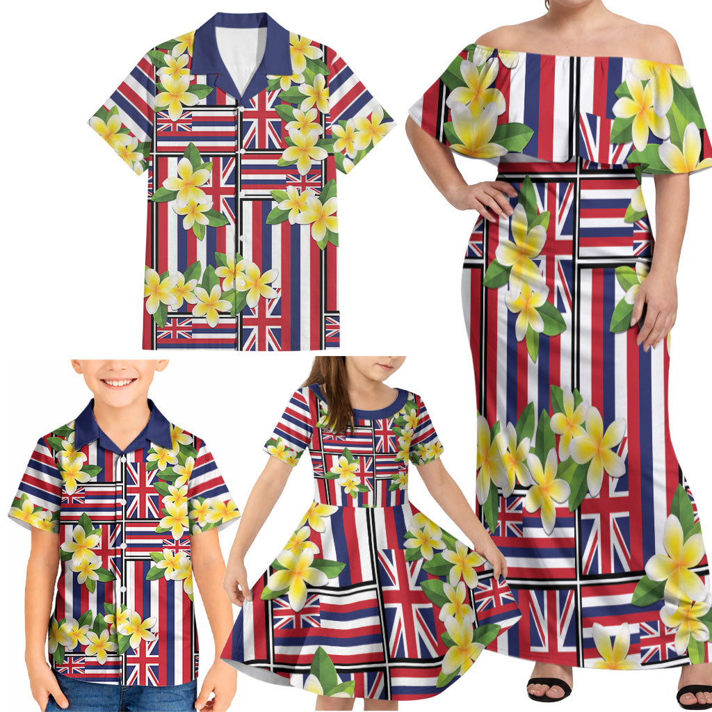 Hawaii Plumeria Lei Family Matching Off Shoulder Maxi Dress and Hawaiian Shirt Hawaiian Flag Motif LT9 - Polynesian Pride