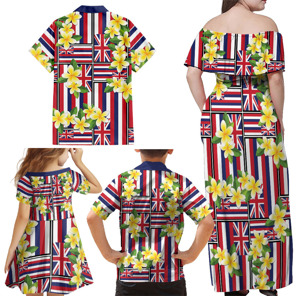 Hawaii Plumeria Lei Family Matching Off Shoulder Maxi Dress and Hawaiian Shirt Hawaiian Flag Motif