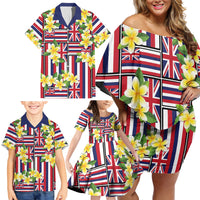 Hawaii Plumeria Lei Family Matching Off Shoulder Short Dress and Hawaiian Shirt Hawaiian Flag Motif