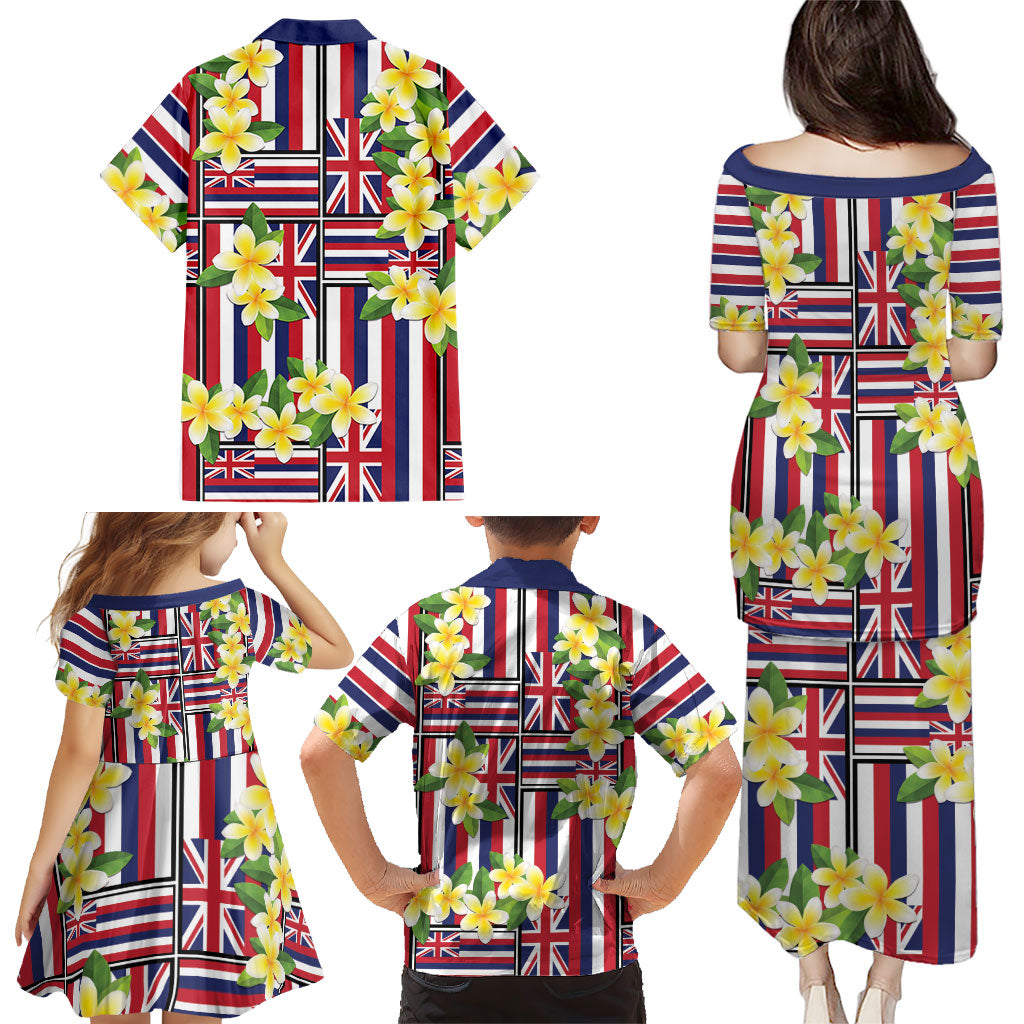 Hawaii Plumeria Lei Family Matching Puletasi and Hawaiian Shirt Hawaiian Flag Motif