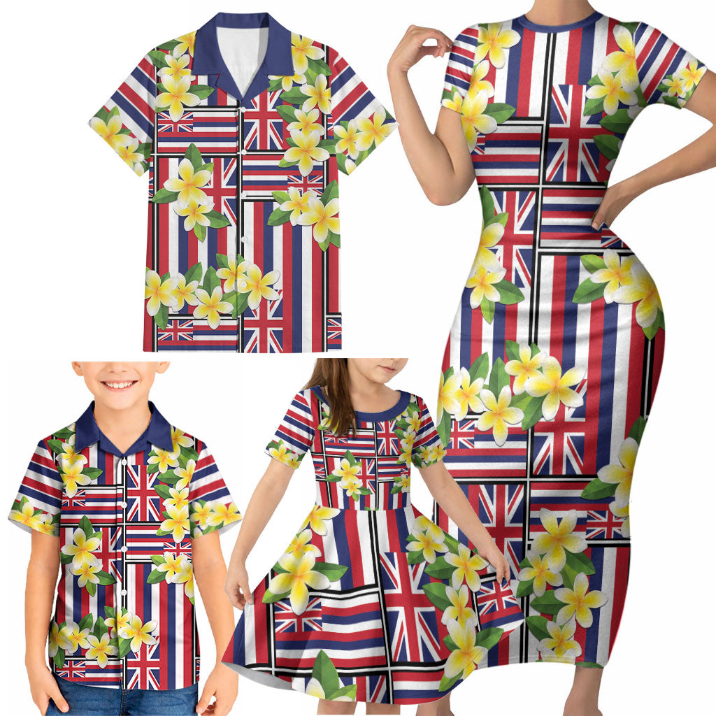 Hawaii Plumeria Lei Family Matching Short Sleeve Bodycon Dress and Hawaiian Shirt Hawaiian Flag Motif LT9 - Polynesian Pride