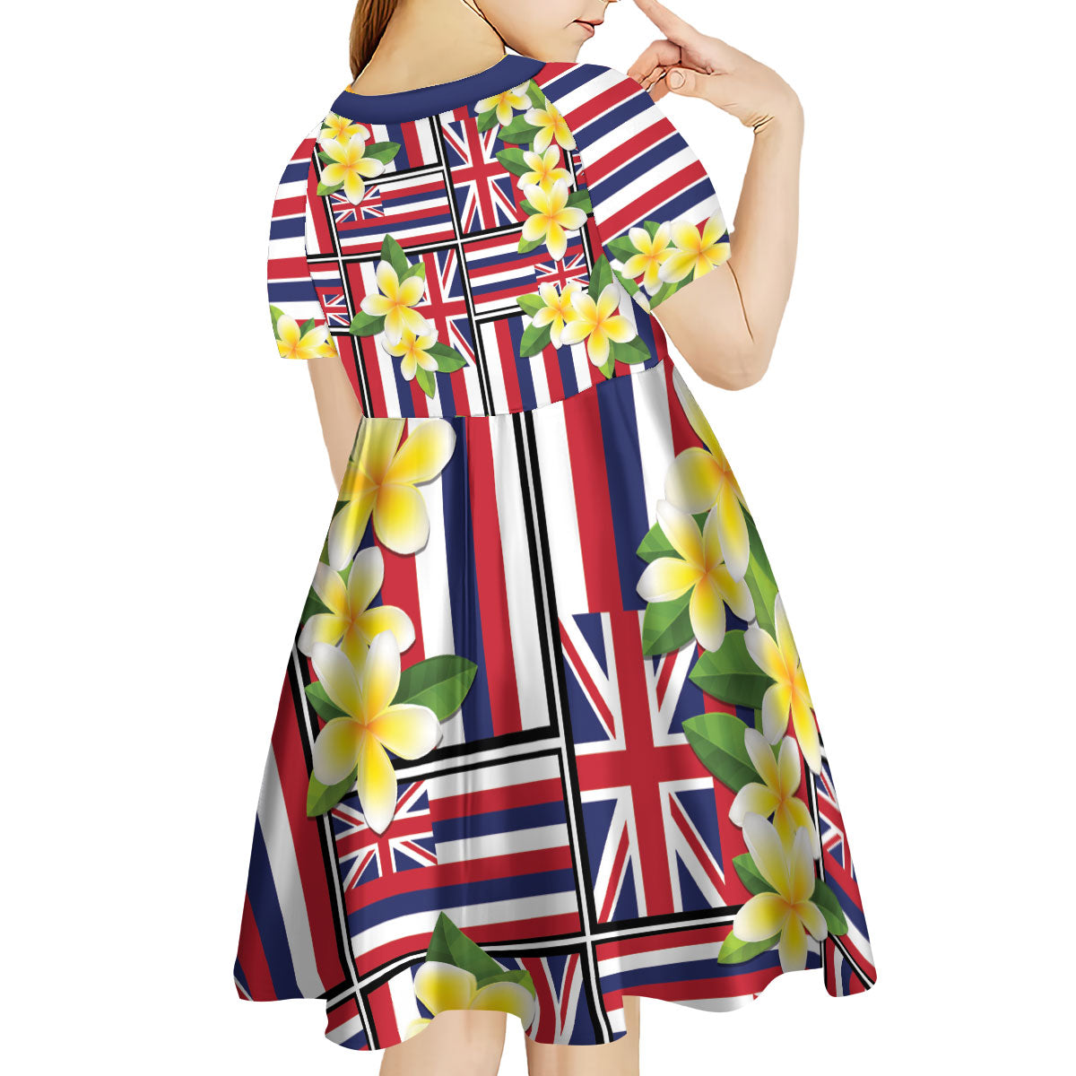 Hawaii Plumeria Lei Kid Short Sleeve Dress Hawaiian Flag Motif