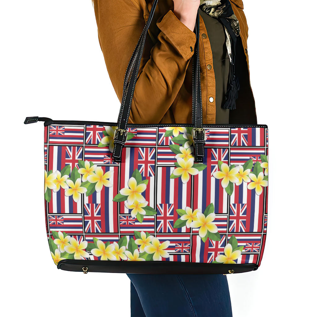 Hawaii Plumeria Lei Leather Tote Bag Hawaiian Flag Motif