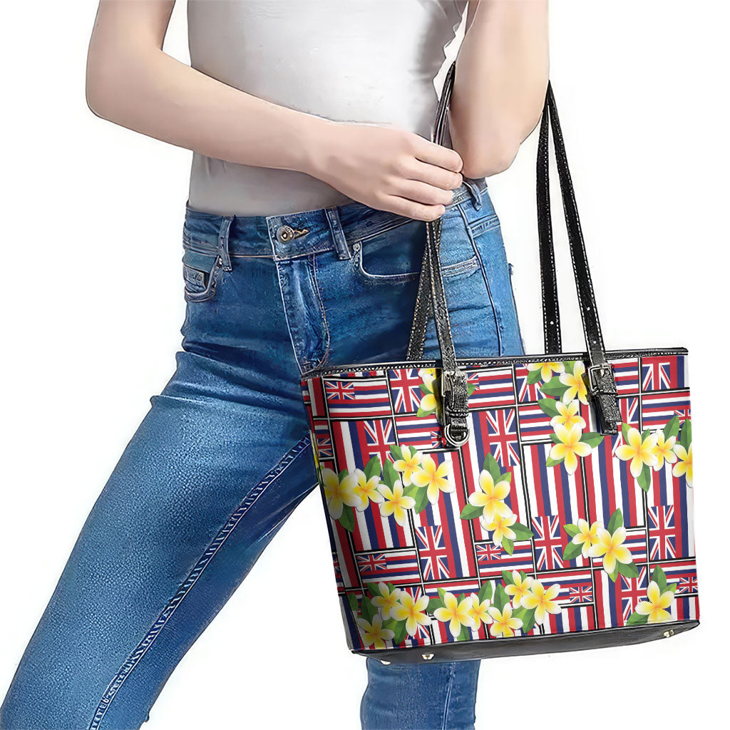 Hawaii Plumeria Lei Leather Tote Bag Hawaiian Flag Motif
