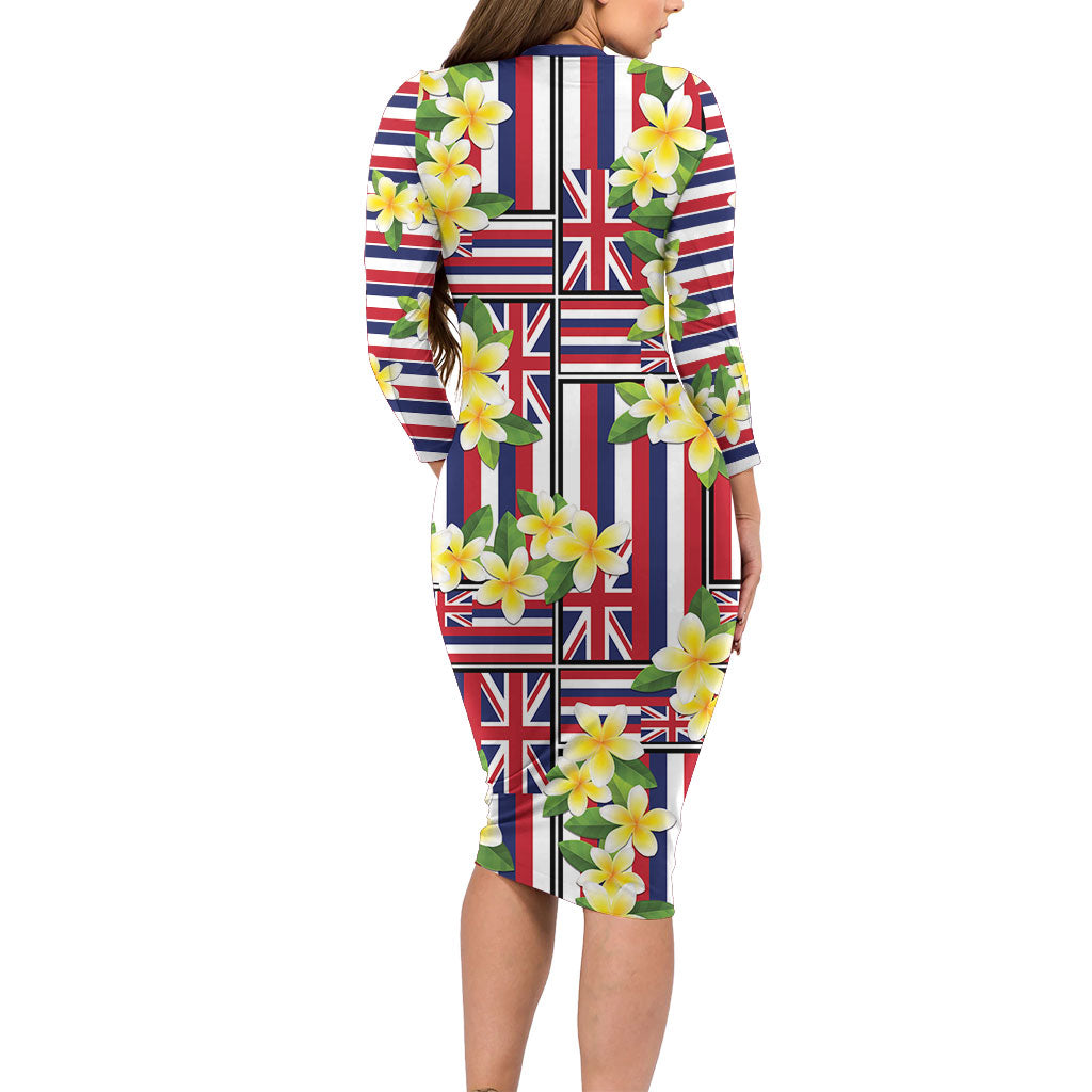 Hawaii Plumeria Lei Long Sleeve Bodycon Dress Hawaiian Flag Motif