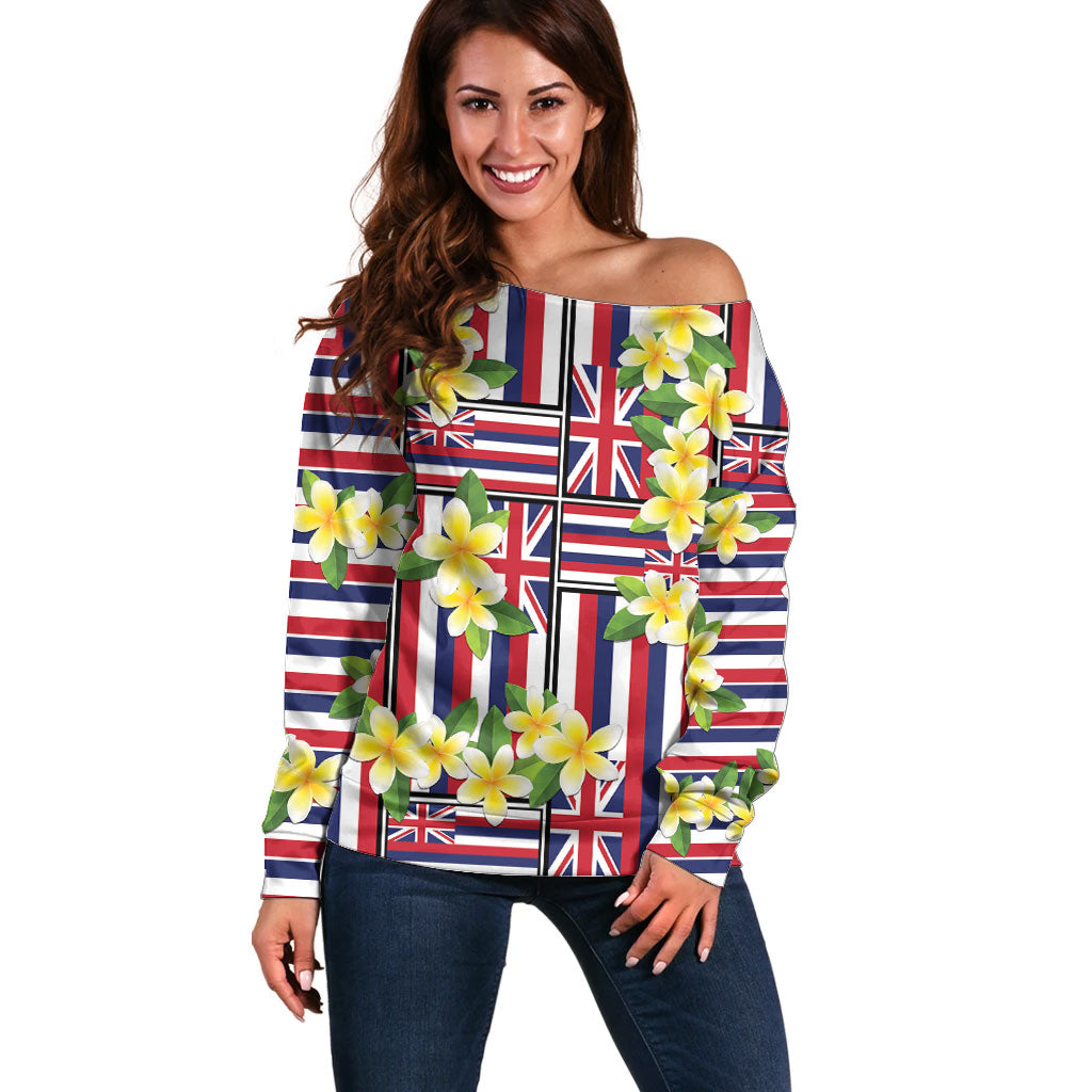 Hawaii Plumeria Lei Off Shoulder Sweater Hawaiian Flag Motif
