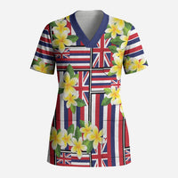 Hawaii Plumeria Lei Scrub Top Hawaiian Flag Motif