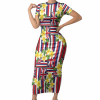 Hawaii Plumeria Lei Short Sleeve Bodycon Dress Hawaiian Flag Motif LT9 Long Dress Red - Polynesian Pride