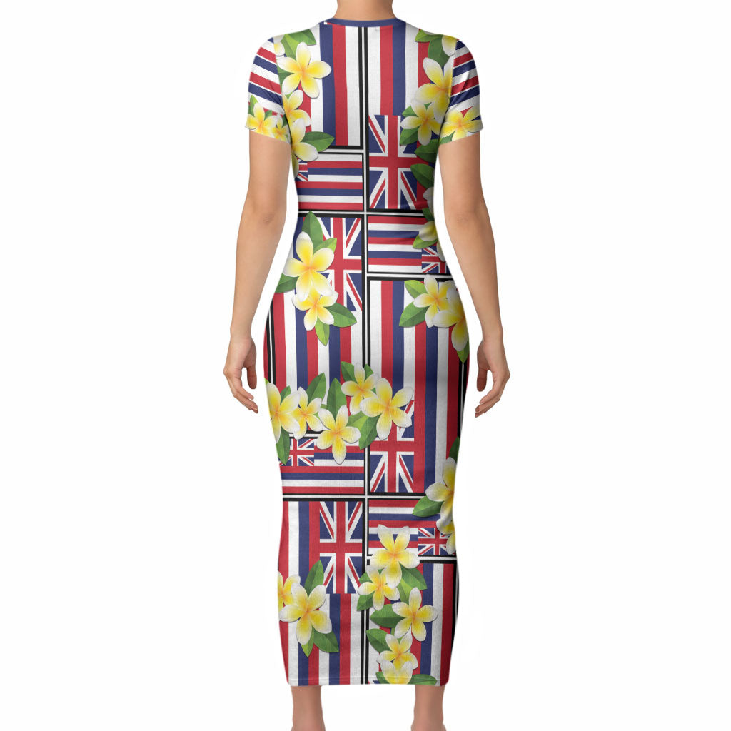 Hawaii Plumeria Lei Short Sleeve Bodycon Dress Hawaiian Flag Motif LT9 - Polynesian Pride