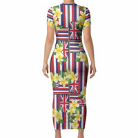 Hawaii Plumeria Lei Short Sleeve Bodycon Dress Hawaiian Flag Motif LT9 - Polynesian Pride