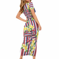 Hawaii Plumeria Lei Short Sleeve Bodycon Dress Hawaiian Flag Motif LT9 - Polynesian Pride