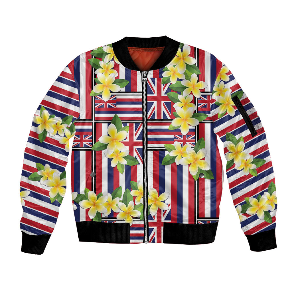 Hawaii Plumeria Lei Sleeve Zip Bomber Jacket Hawaiian Flag Motif