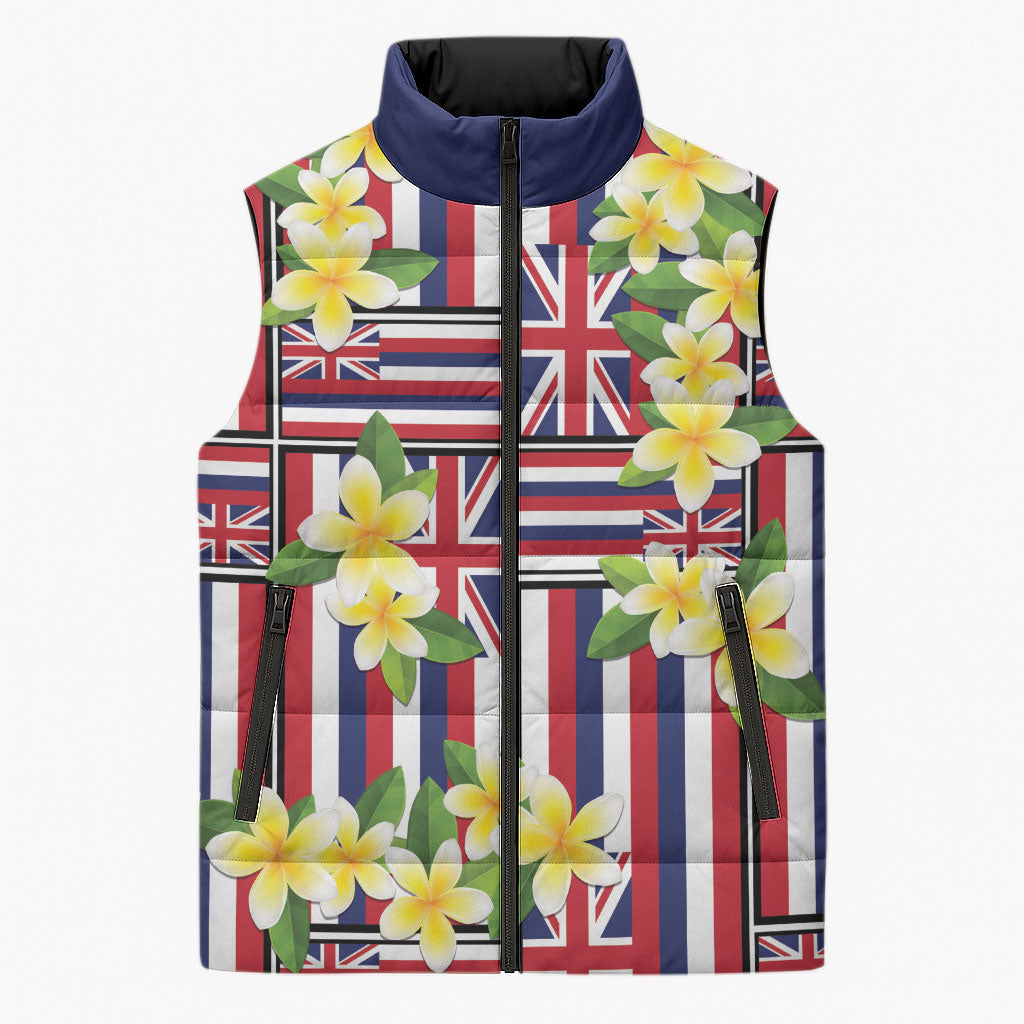 Hawaii Plumeria Lei Sleeveless Puffer Jacket Hawaiian Flag Motif