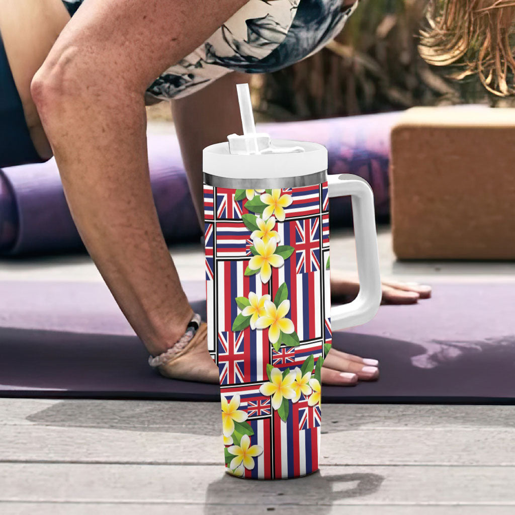 Hawaii Plumeria Lei Tumbler With Handle Hawaiian Flag Motif