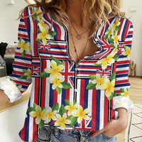 Hawaii Plumeria Lei Women Casual Shirt Hawaiian Flag Motif LT9 Female Red - Polynesian Pride