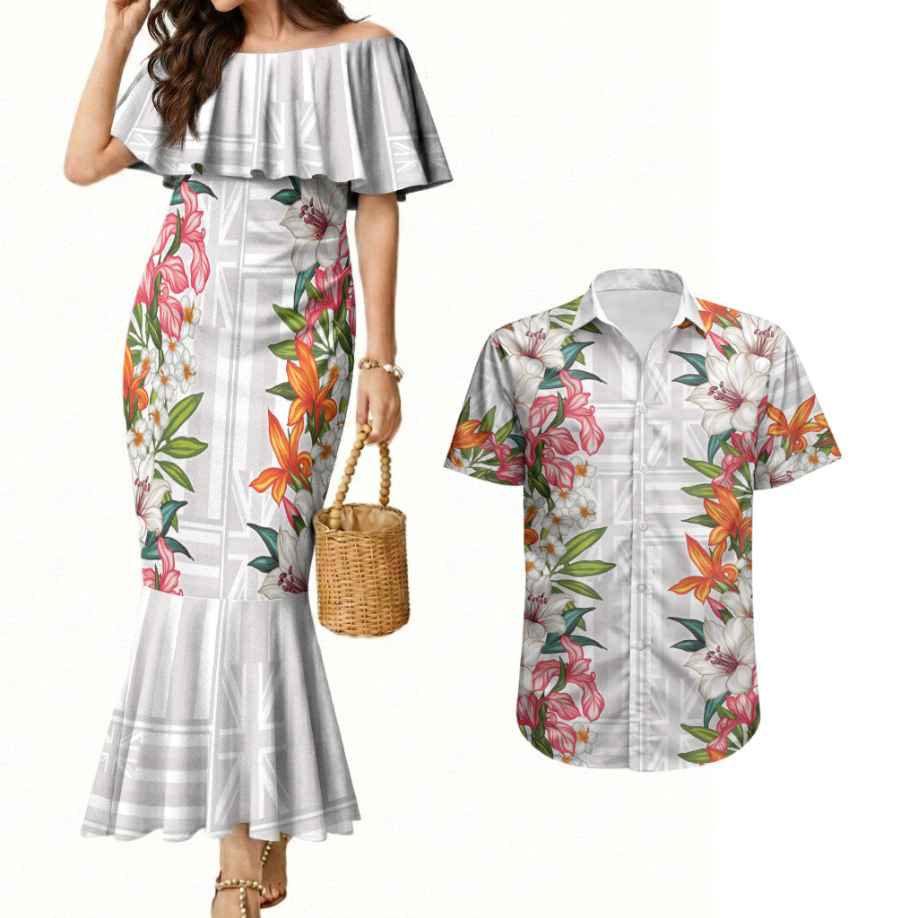 Hawaii Tropical Twist Lei Couples Matching Mermaid Dress and Hawaiian Shirt Hawaiian Flag Motif LT9 White - Polynesian Pride
