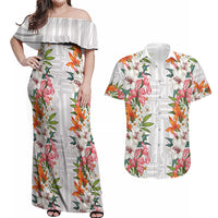 Hawaii Tropical Twist Lei Couples Matching Off Shoulder Maxi Dress and Hawaiian Shirt Hawaiian Flag Motif