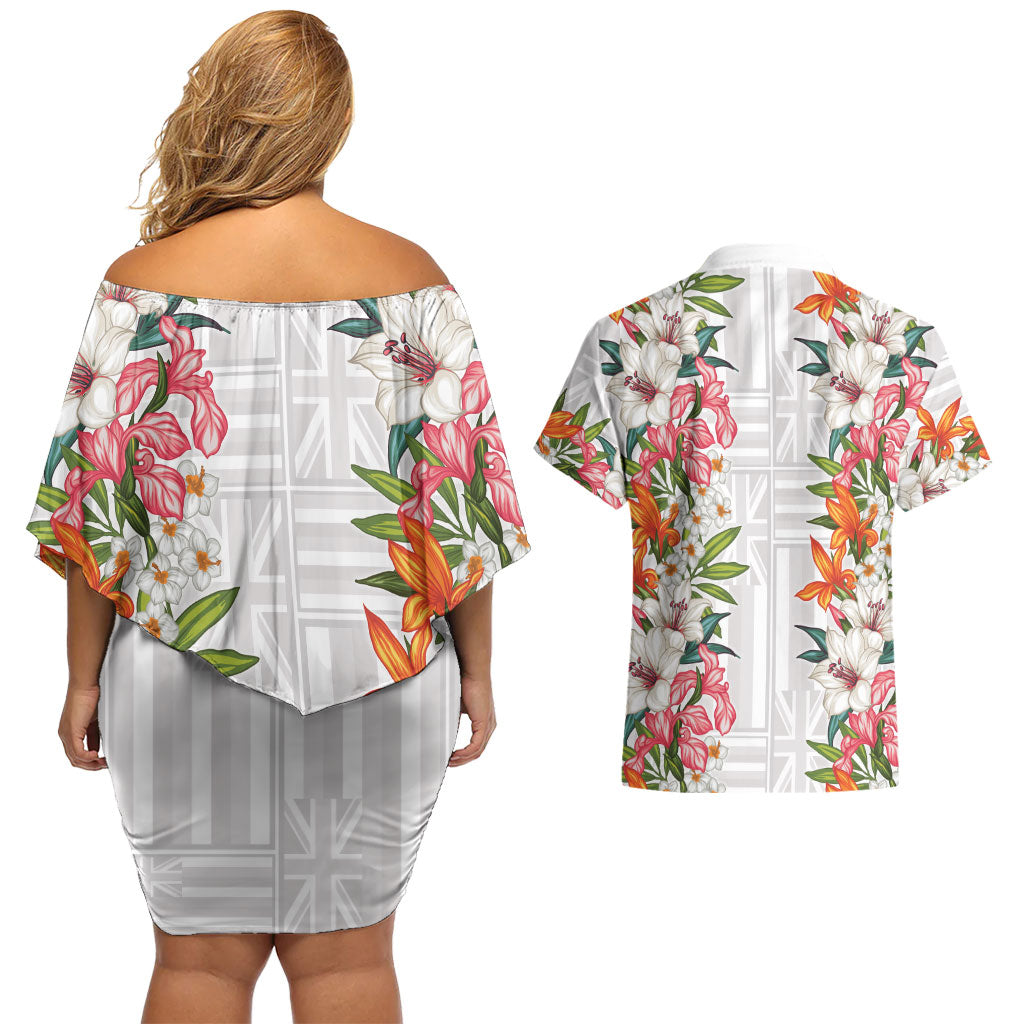 Hawaii Tropical Twist Lei Couples Matching Off Shoulder Short Dress and Hawaiian Shirt Hawaiian Flag Motif