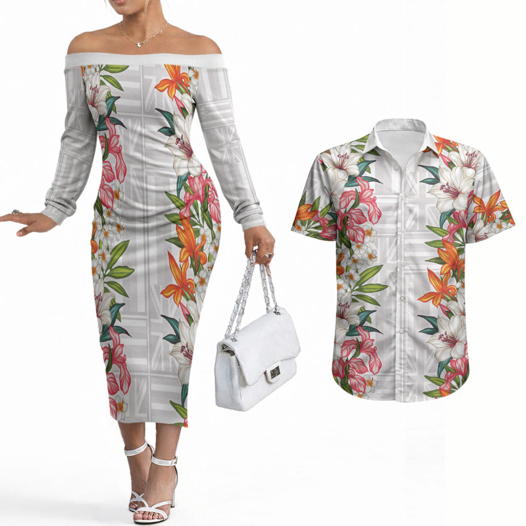Hawaii Tropical Twist Lei Couples Matching Off The Shoulder Long Sleeve Dress and Hawaiian Shirt Hawaiian Flag Motif LT9 White - Polynesian Pride