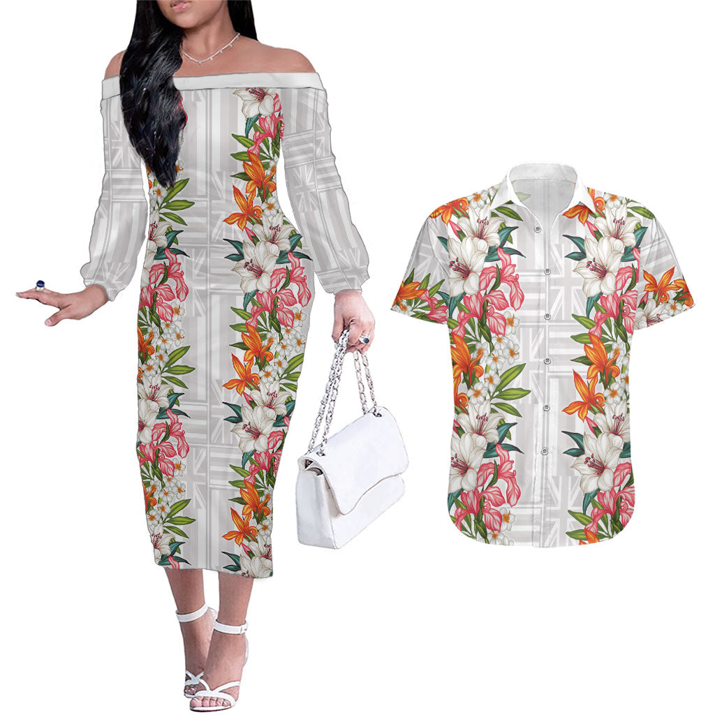 Hawaii Tropical Twist Lei Couples Matching Off The Shoulder Long Sleeve Dress and Hawaiian Shirt Hawaiian Flag Motif