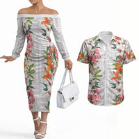 Hawaii Tropical Twist Lei Couples Matching Off The Shoulder Long Sleeve Dress and Hawaiian Shirt Hawaiian Flag Motif LT9 White - Polynesian Pride