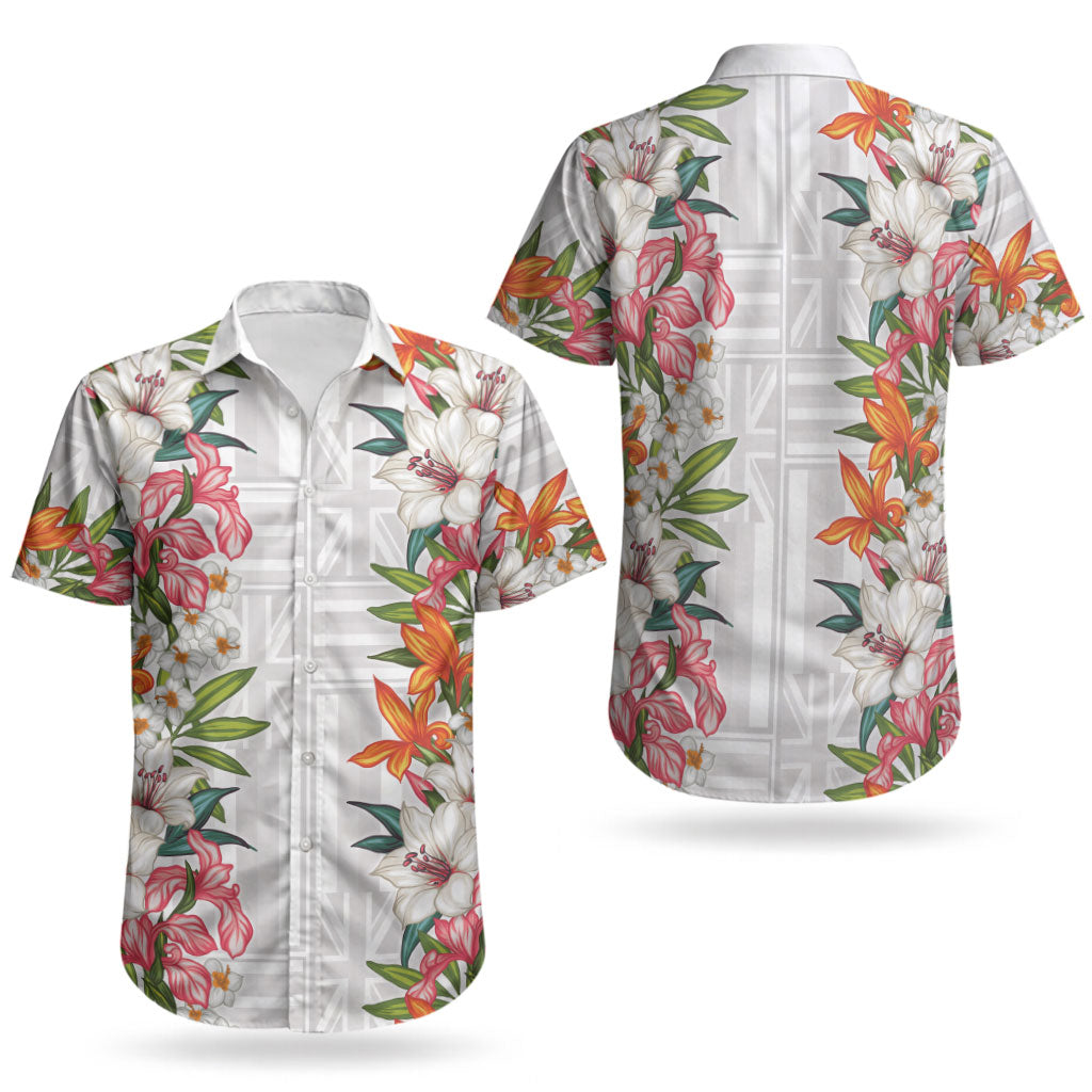 Hawaii Tropical Twist Lei Couples Matching Off The Shoulder Long Sleeve Dress and Hawaiian Shirt Hawaiian Flag Motif LT9 - Polynesian Pride