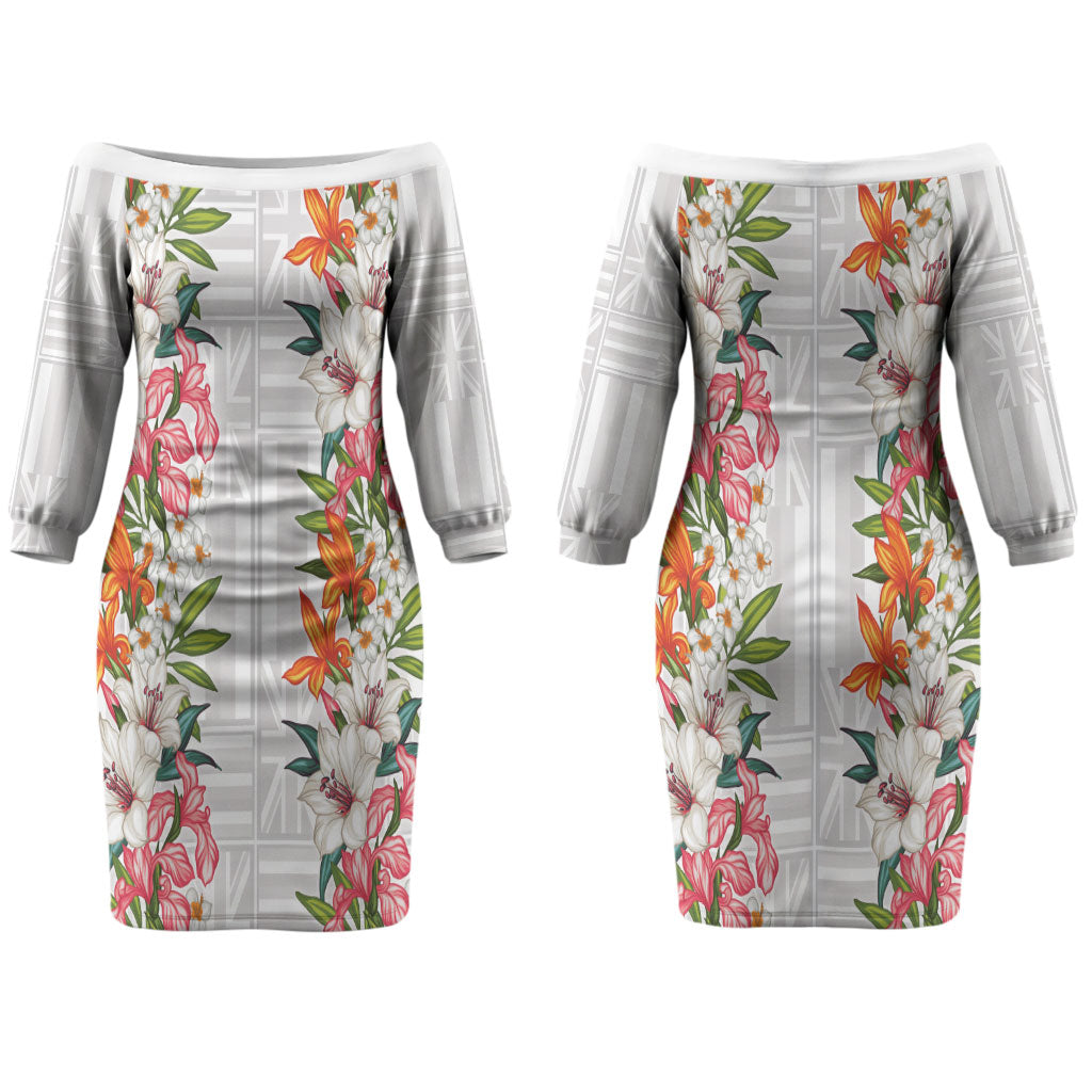 Hawaii Tropical Twist Lei Couples Matching Off The Shoulder Long Sleeve Dress and Hawaiian Shirt Hawaiian Flag Motif LT9 - Polynesian Pride