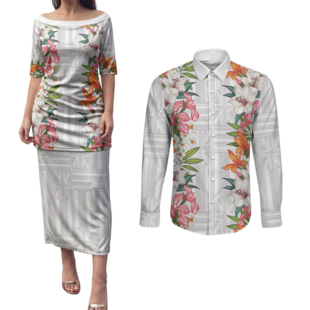 Hawaii Tropical Twist Lei Couples Matching Puletasi and Long Sleeve Button Shirt Hawaiian Flag Motif LT9 White - Polynesian Pride