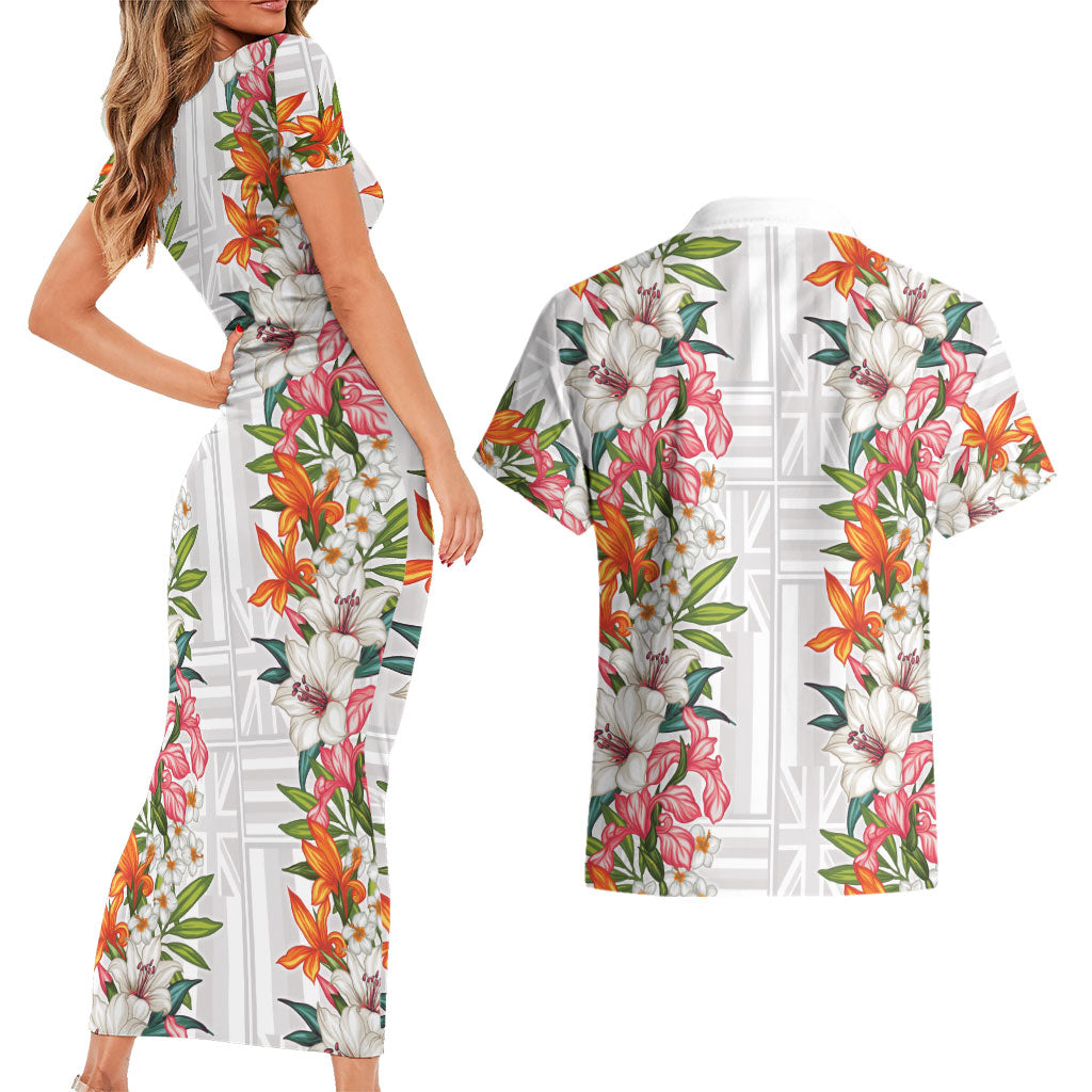 Hawaii Tropical Twist Lei Couples Matching Short Sleeve Bodycon Dress and Hawaiian Shirt Hawaiian Flag Motif