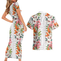 Hawaii Tropical Twist Lei Couples Matching Short Sleeve Bodycon Dress and Hawaiian Shirt Hawaiian Flag Motif
