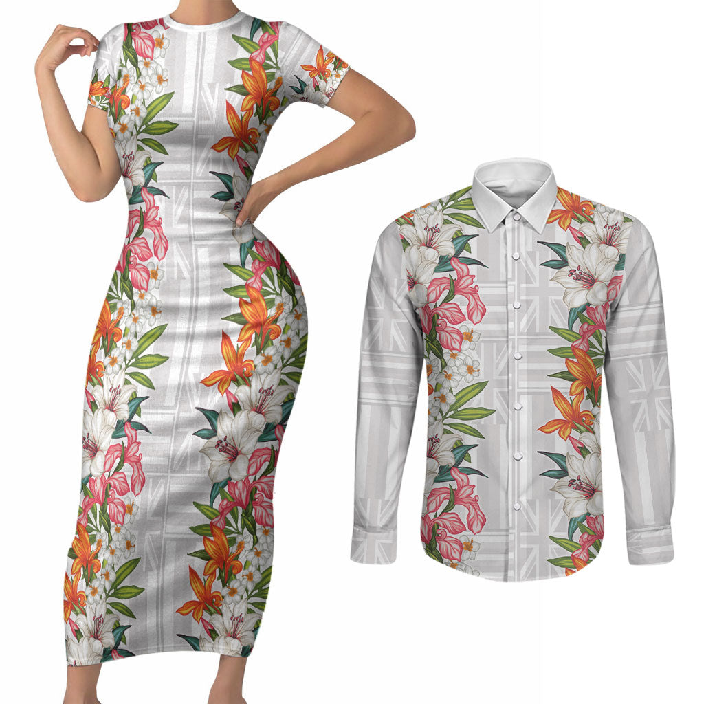 Hawaii Tropical Twist Lei Couples Matching Short Sleeve Bodycon Dress and Long Sleeve Button Shirt Hawaiian Flag Motif LT9 White - Polynesian Pride