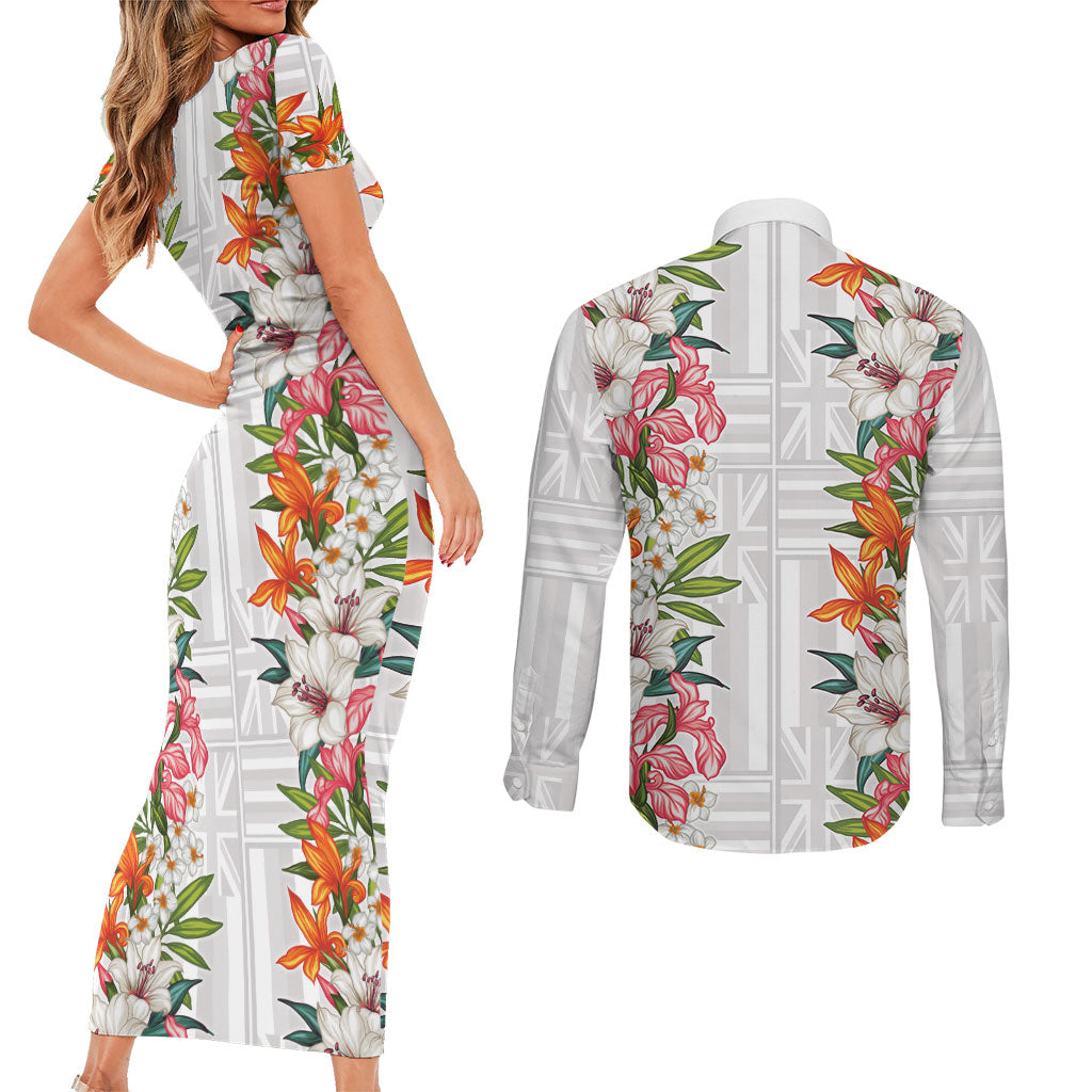 Hawaii Tropical Twist Lei Couples Matching Short Sleeve Bodycon Dress and Long Sleeve Button Shirt Hawaiian Flag Motif