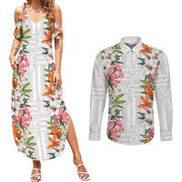 Hawaii Tropical Twist Lei Couples Matching Summer Maxi Dress and Long Sleeve Button Shirt Hawaiian Flag Motif