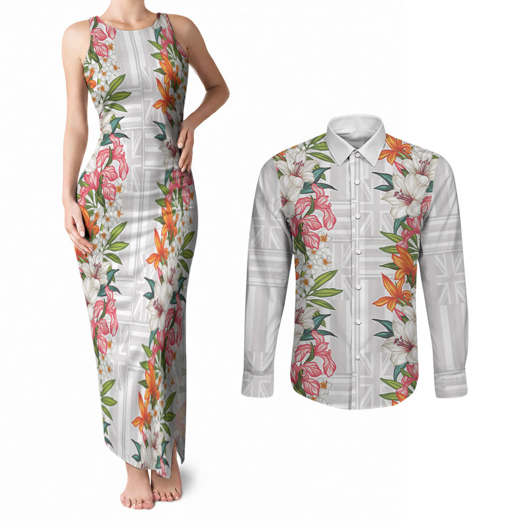 Hawaii Tropical Twist Lei Couples Matching Tank Maxi Dress and Long Sleeve Button Shirt Hawaiian Flag Motif LT9 White - Polynesian Pride