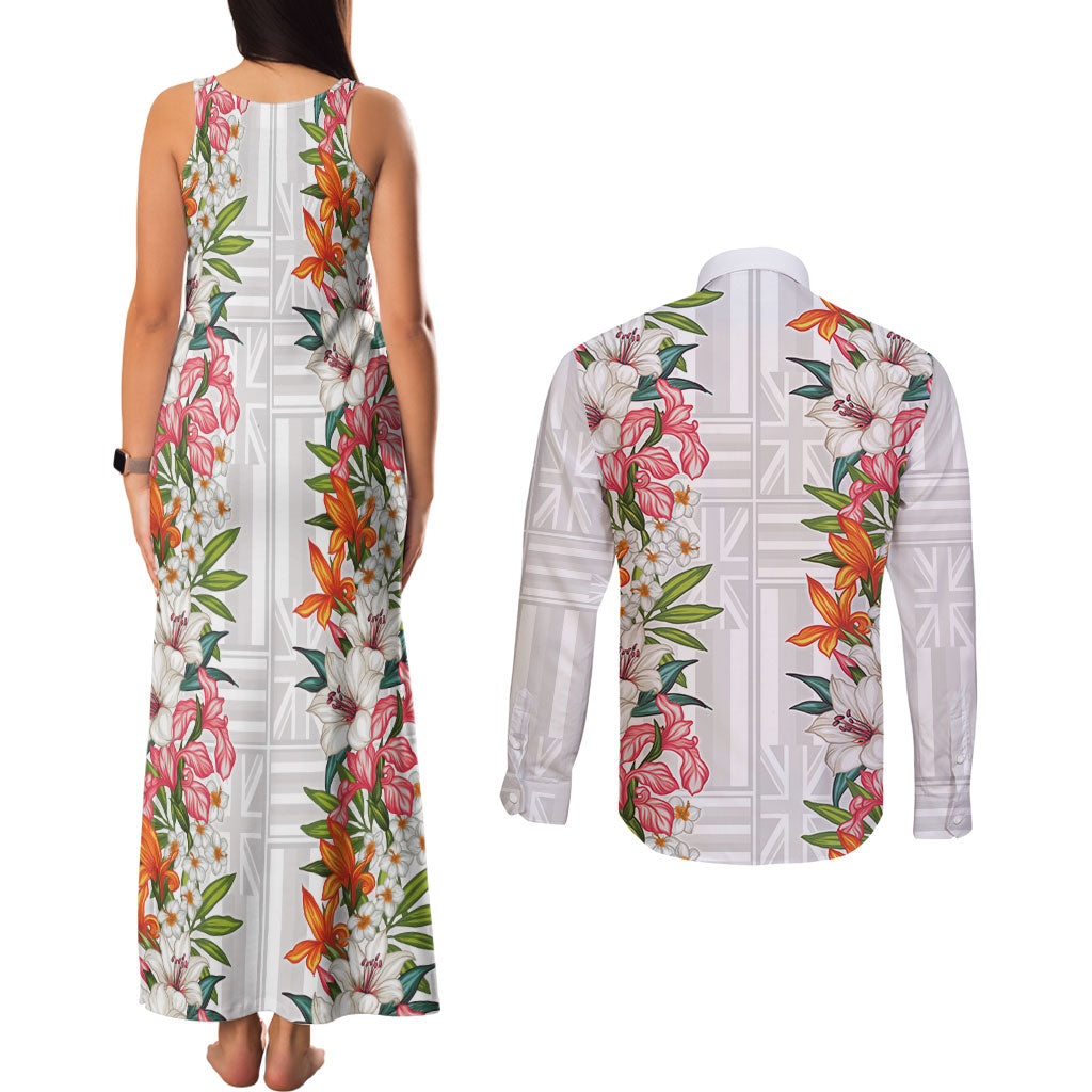 Hawaii Tropical Twist Lei Couples Matching Tank Maxi Dress and Long Sleeve Button Shirt Hawaiian Flag Motif