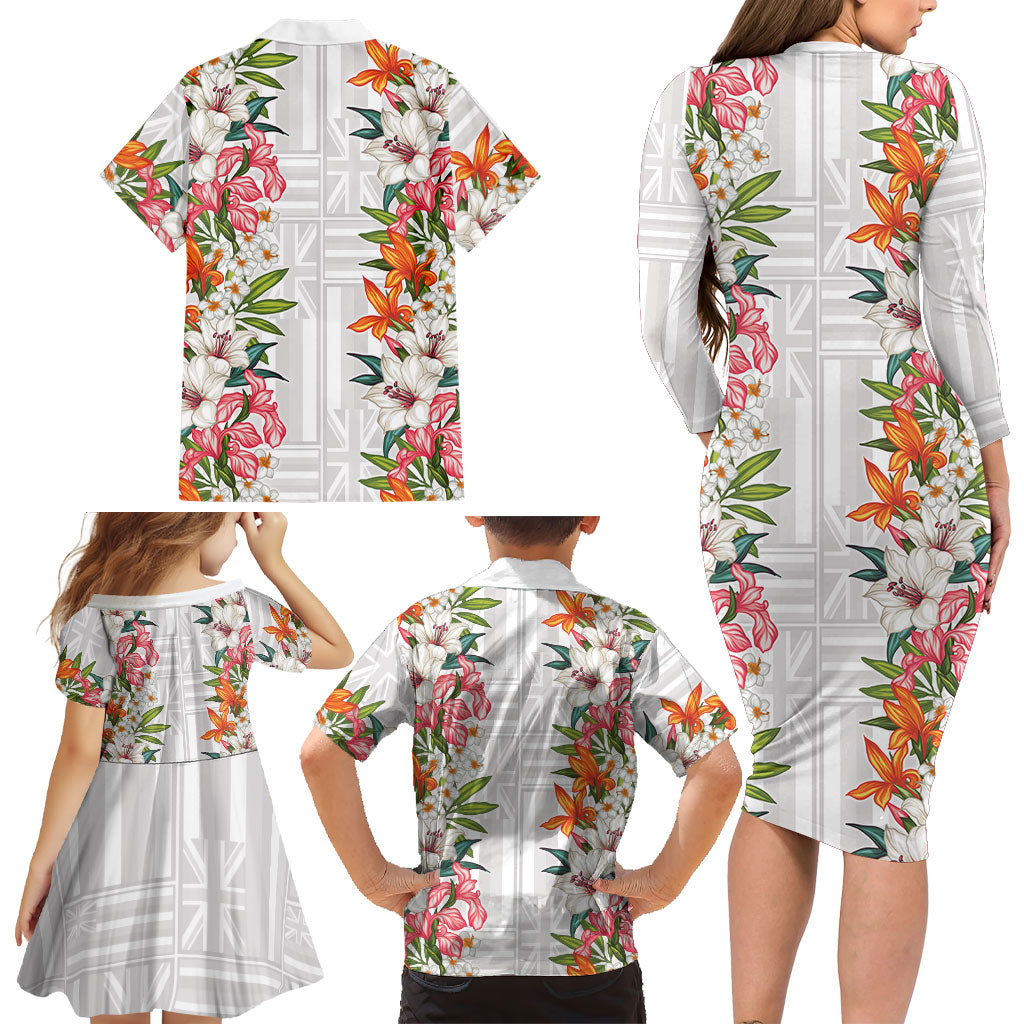 Hawaii Tropical Twist Lei Family Matching Long Sleeve Bodycon Dress and Hawaiian Shirt Hawaiian Flag Motif