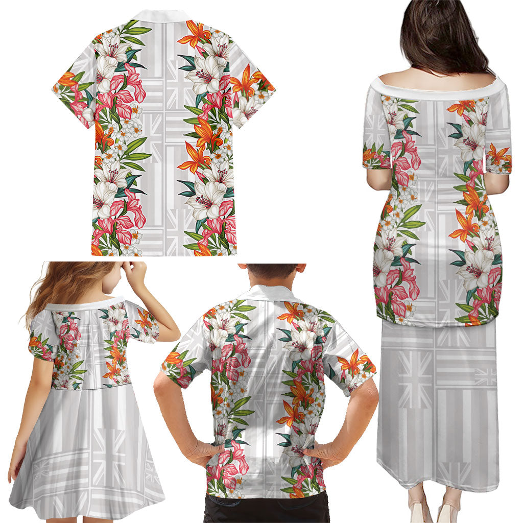 Hawaii Tropical Twist Lei Family Matching Puletasi and Hawaiian Shirt Hawaiian Flag Motif