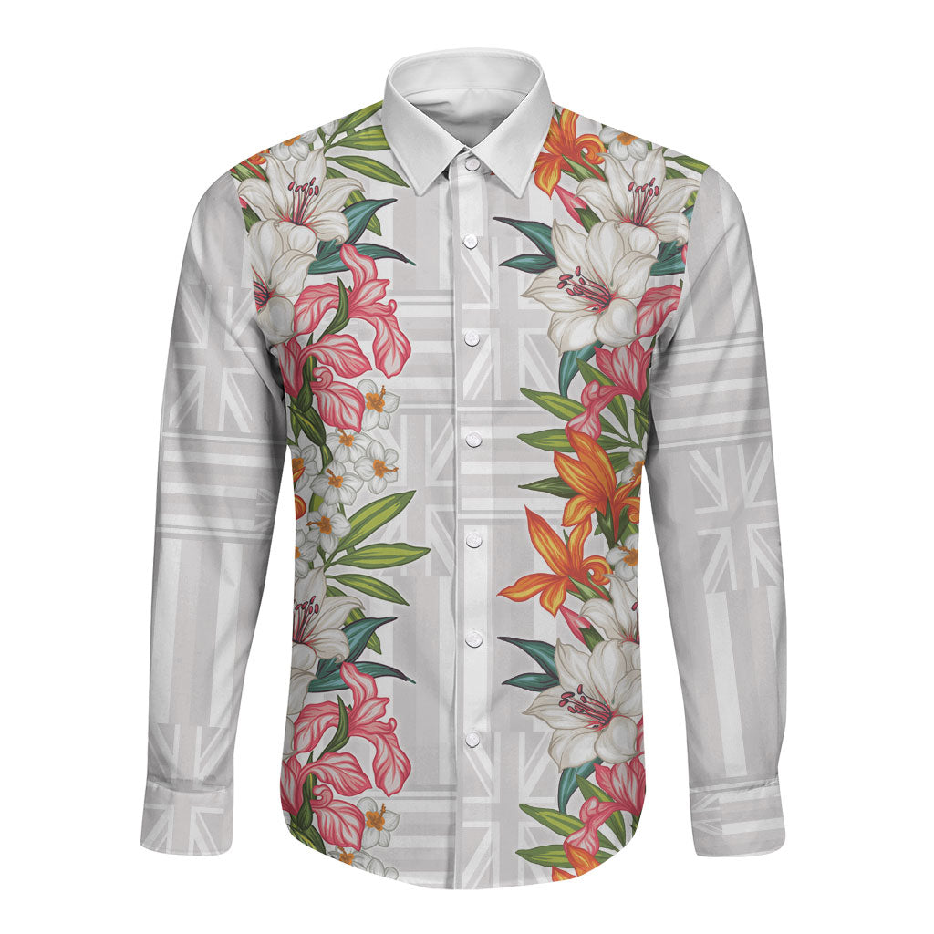 Hawaii Tropical Twist Lei Long Sleeve Button Shirt Hawaiian Flag Motif LT9 Unisex White - Polynesian Pride