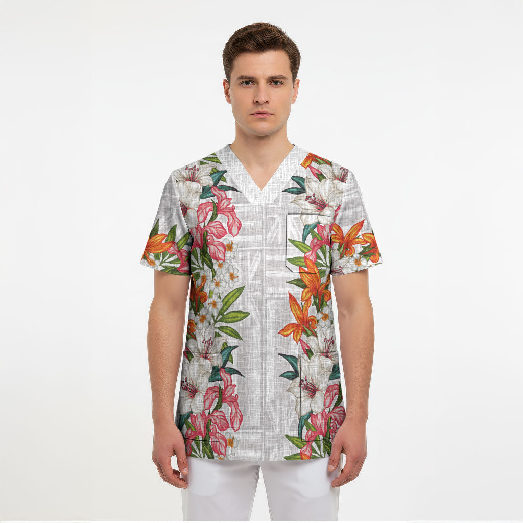 Hawaii Tropical Twist Lei Scrub Top Hawaiian Flag Motif