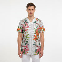 Hawaii Tropical Twist Lei Scrub Top Hawaiian Flag Motif
