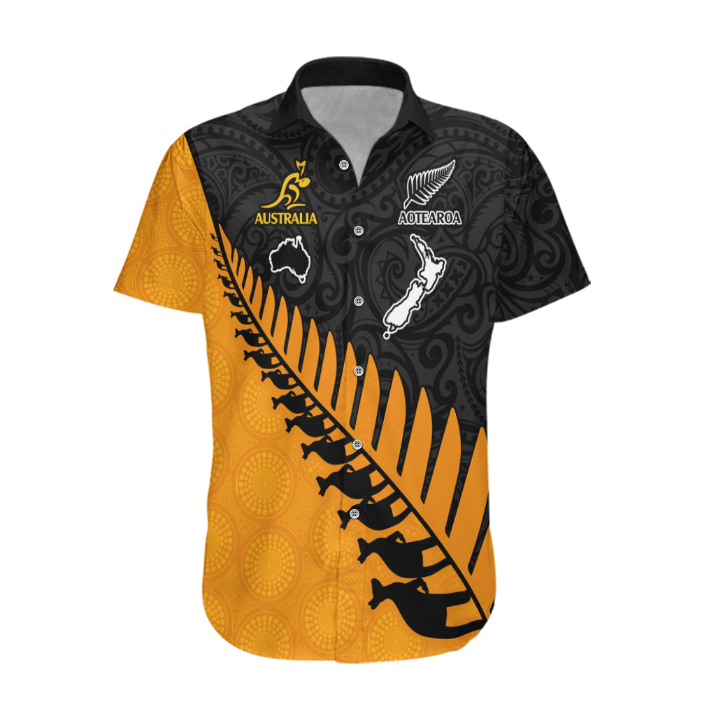 Australia Wallabies and Aotearoa Rugby Hawaiian Shirt Kangaroo Black Fern Maori Gold Vibe LT9 Gold - Polynesian Pride