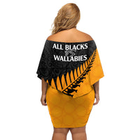 Australia Wallabies and Aotearoa Rugby Off Shoulder Short Dress Kangaroo Black Fern Maori Gold Vibe LT9 - Polynesian Pride