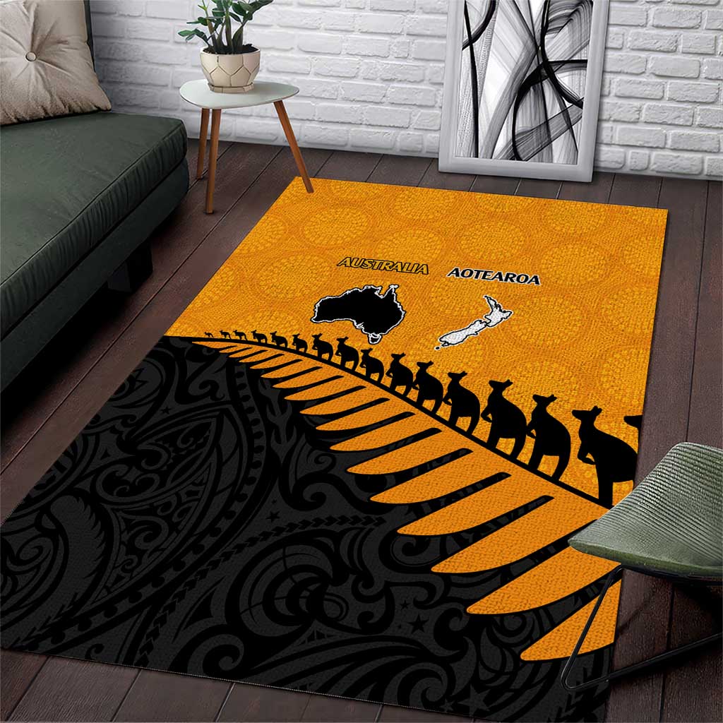 Australia New Zealand Rugby Area Rug Gold Aboriginal Wallabies and Maori Black Fern - Polynesian Pride