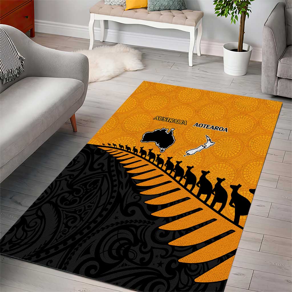 Australia New Zealand Rugby Area Rug Gold Aboriginal Wallabies and Maori Black Fern - Polynesian Pride