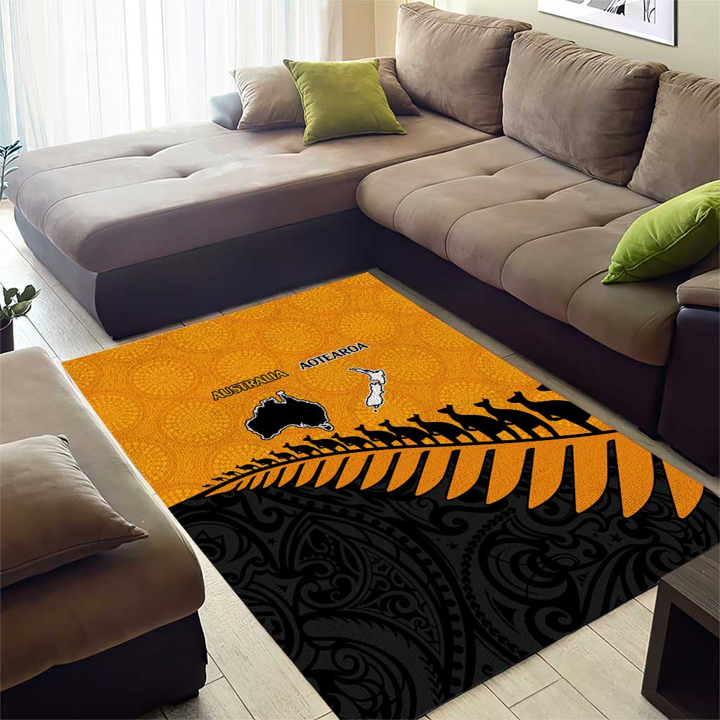 Australia New Zealand Rugby Area Rug Gold Aboriginal Wallabies and Maori Black Fern - Polynesian Pride