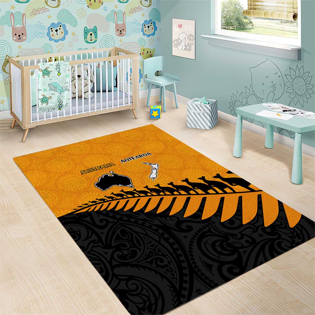 Australia New Zealand Rugby Area Rug Gold Aboriginal Wallabies and Maori Black Fern - Polynesian Pride